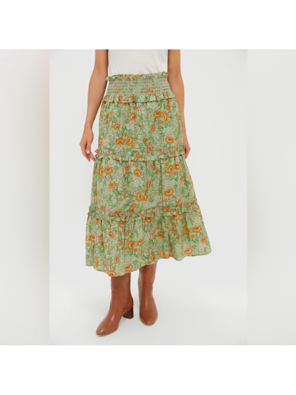 NWT Hyacinth House Mint & Orange Floral Smocked Odette Midi Skirt